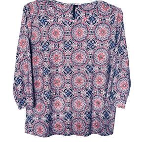 CATHY 3/4 SLEEVE ROUND NECK BLOUSE, WOMENS, L, PINK, BLUE, WHITE GEOMETRIC